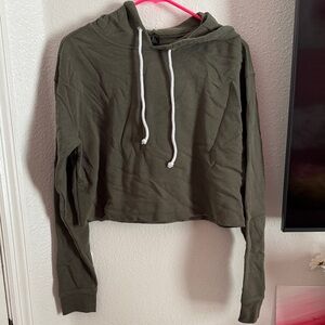 Cropped Olive Hooded Sweatshirt with Drawstring